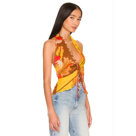 Free People Hot Tropics Tank Top XS Floral Print Halter Yellow Boho Chic New - Picture 2 of 5